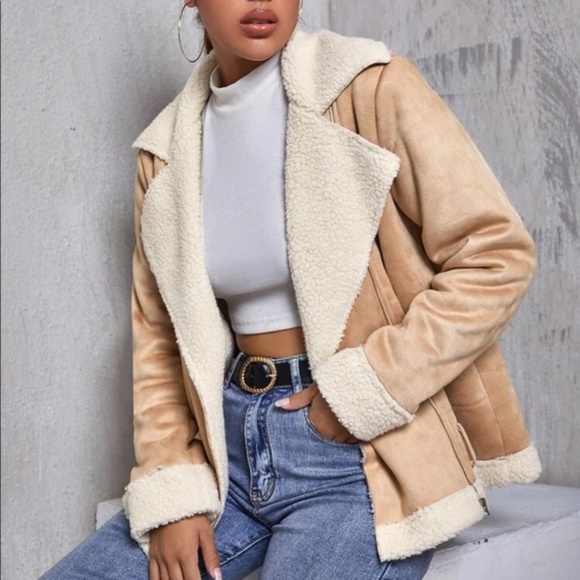 Jackets & Blazers - faux fur shearling Vegan suede  lined jacket tan